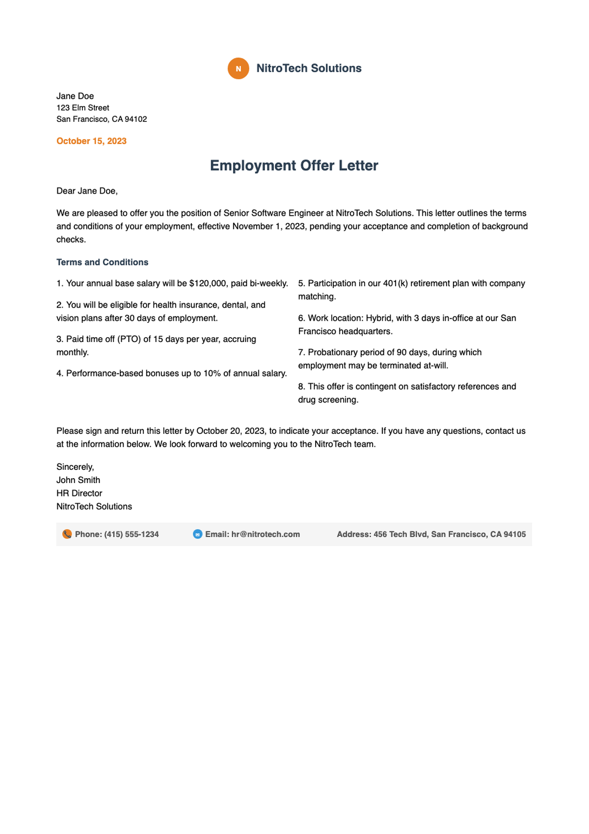 Professional offer of employment letter with orange accents and contact details_variant_2